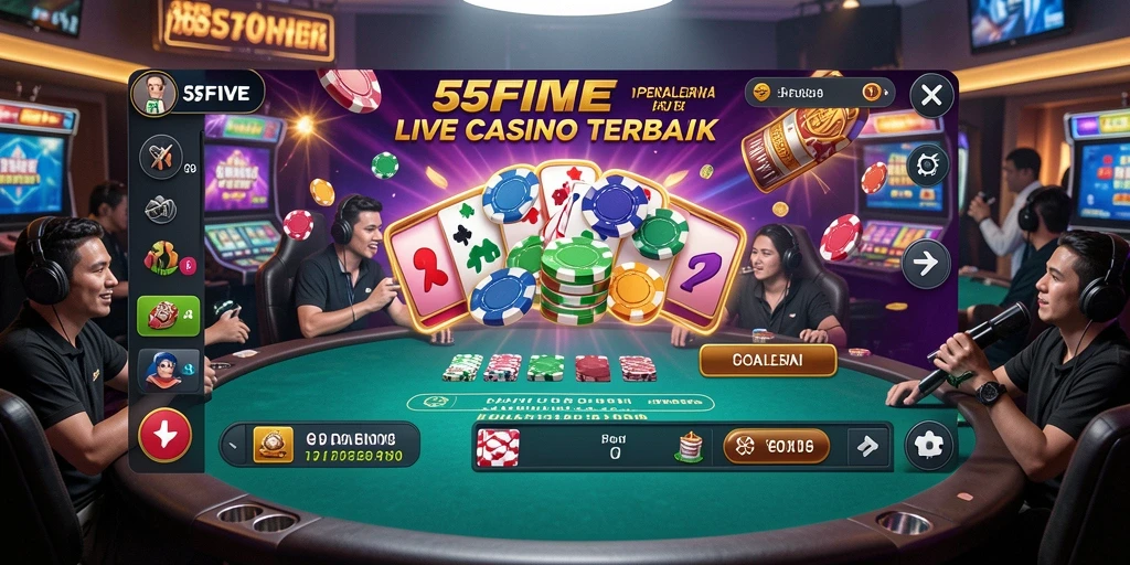 Screenshot 55FIVE menampilkan dealer profesional di meja permainan Live Casino.
