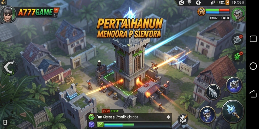 Screenshot A777GAME menampilkan aksi strategis pertahanan menara.