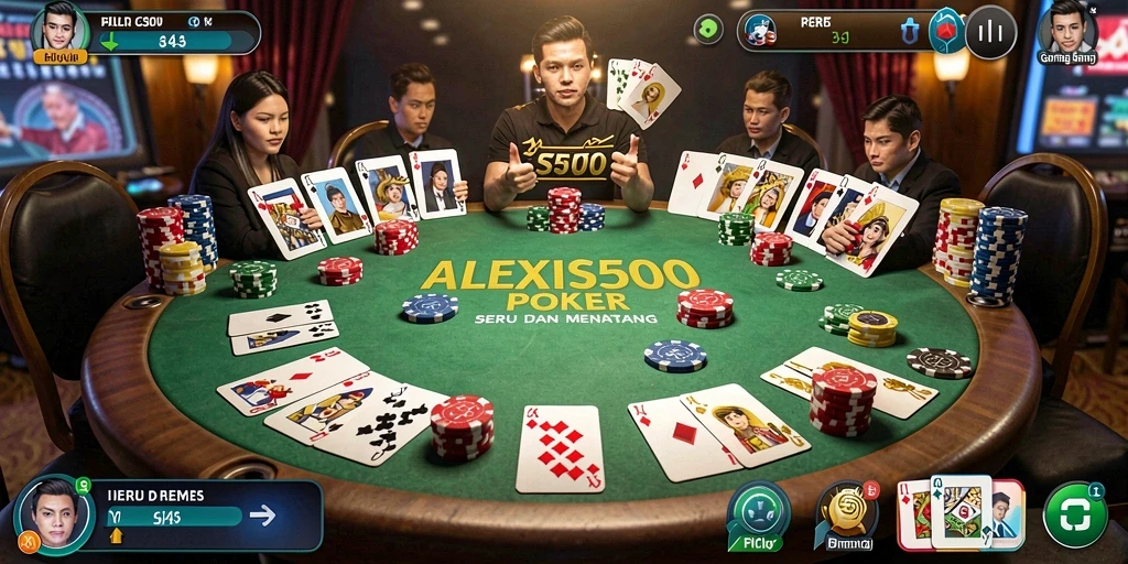Screenshot ALEXIS500 menampilkan antarmuka permainan poker yang menarik.