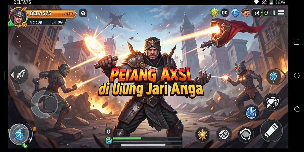 Screenshot utama DELTA575 menampilkan aksi pertempuran penuh adrenalin.