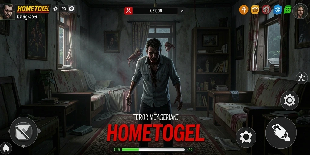 Tangkapan layar menampilkan suasana mencekam dalam permainan HOMETOGEL.
