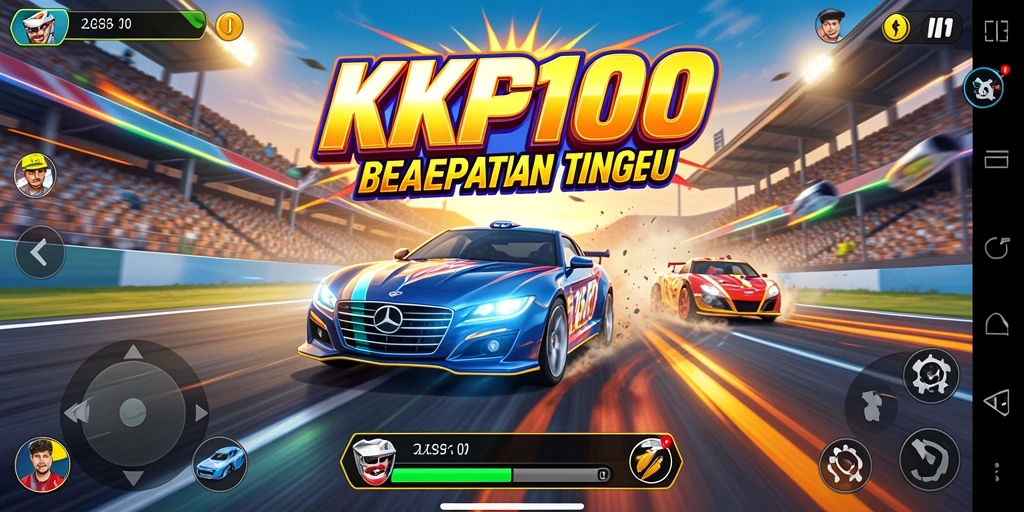 Screenshot gameplay KPK100 dengan mobil balap yang melaju kencang.