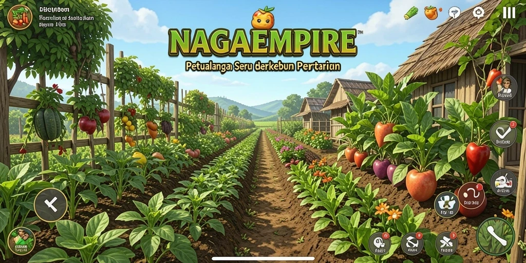 Tangkapan layar gameplay NAGAEMPIRE yang memperlihatkan kebun yang subur.
