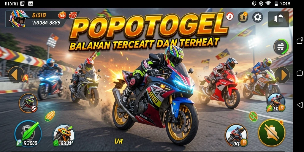 Screenshot gameplay POPOTOGEL menampilkan aksi balapan motor yang mendebarkan.