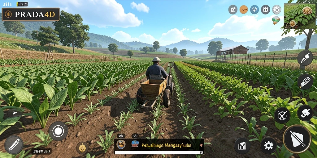 Screenshot PRADA4D menampilkan ladang yang subur dengan berbagai tanaman.