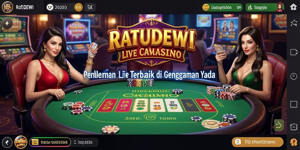 Tangkapan layar gameplay Live Casino RATUDEWI menampilkan dealer dan meja permainan yang nyata.