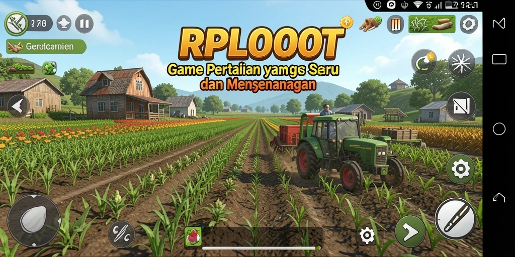 Screenshot gameplay RPLOOT dengan tampilan ladang yang subur dan hewan ternak.