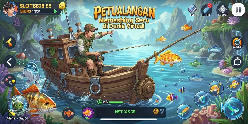 Screenshot gameplay SLOT8808 yang menunjukkan petualangan memancing yang mendebarkan.
