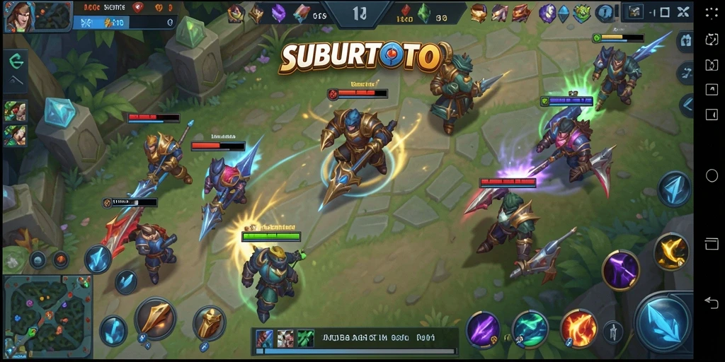 Screenshot SUBURTOTO menampilkan pertempuran tim yang mendebarkan di arena MOBA.