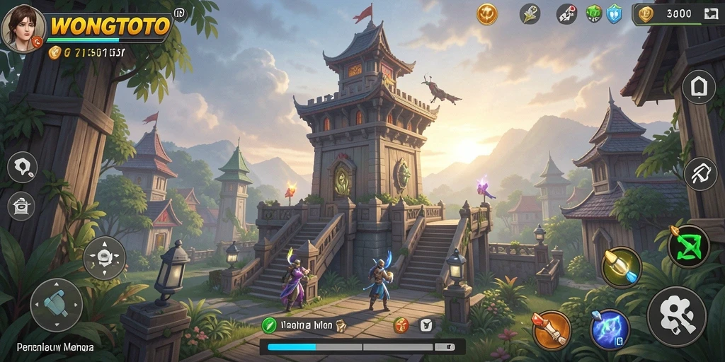 Screenshot gameplay WONGTOTO dengan tampilan menara dan musuh.